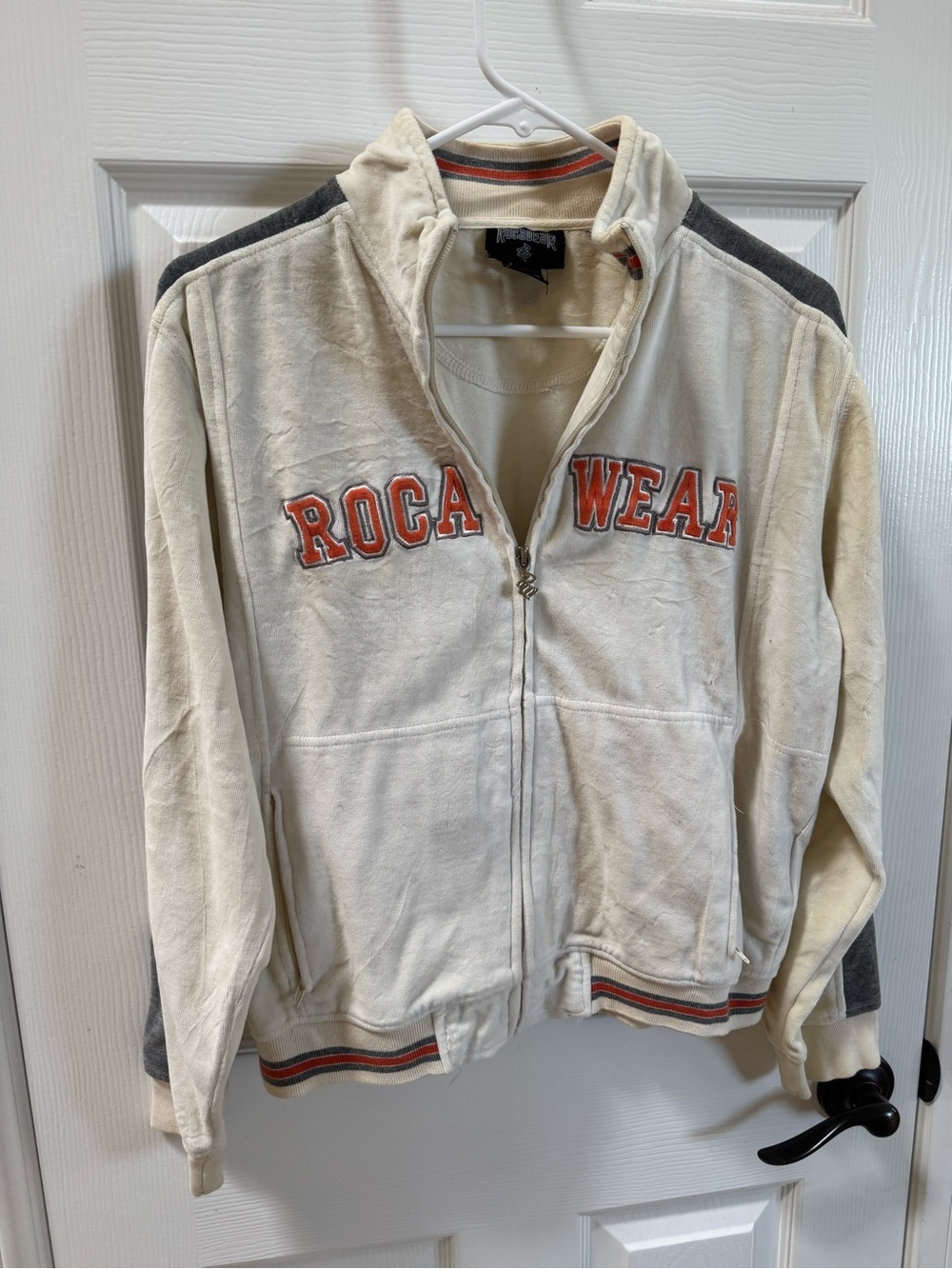 Vintage Y2K Rocawear Cream and Gray Zip-Up Velour Jacket with Orange Logo
